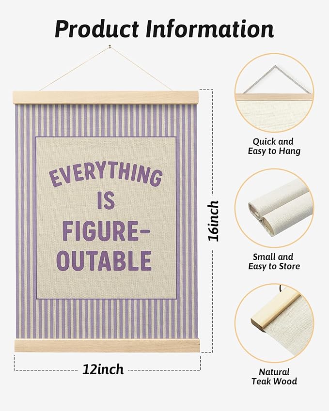 FGFK Everything Is Figureoutable Positive Affirmations Wall Art Poster Hanger Frame, Retro Purple Inspirational Canvas Prints Framed Wall Decor for Office Classroom Home Bedroom, 12x16 Inch