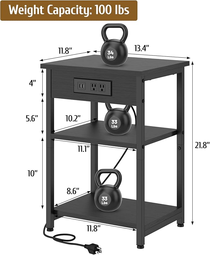 End Tables Set of 2 with Charging Station USB Ports, 3 Tier Tall Night Stand with Storage Shelves, Record Player Stand Narrow Side Table for Small Space Living Room Bedroom Office, Easy Assembly,Black