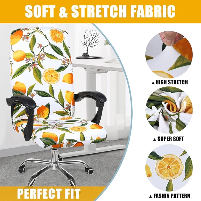 Smiry Stretch Printed Office Computer Chair Covers, Universal Desk Rotating Chair Slipcovers Removable Washable, Soft Fit Anti-Dust Spandex Protector Cover with Zipper, Yellow