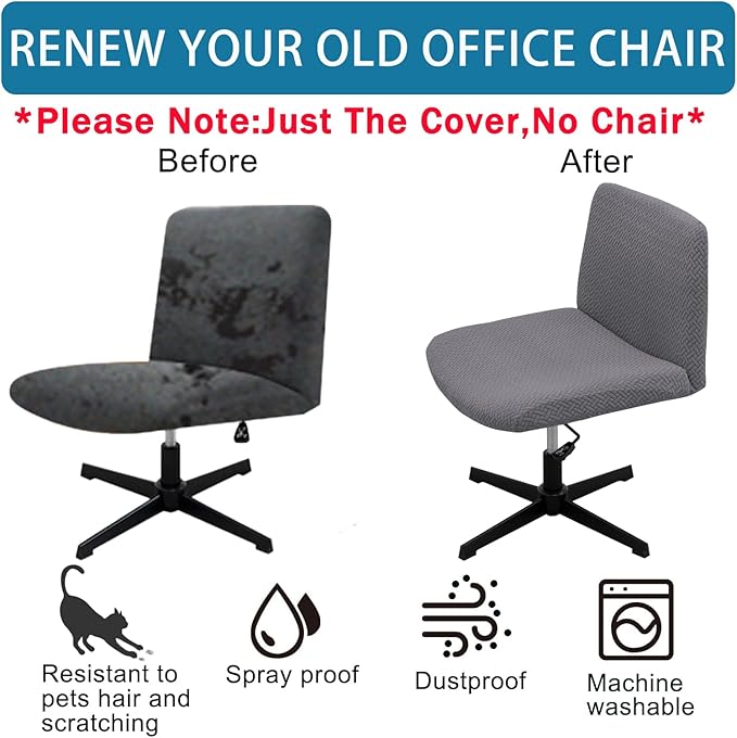 Vanity Chair Cover Criss Cross Chair Cover Elastic Armless Chair Slipcover Armless Chair Covers Office Chair Covers (Grey,Just The Cover,No Chair)