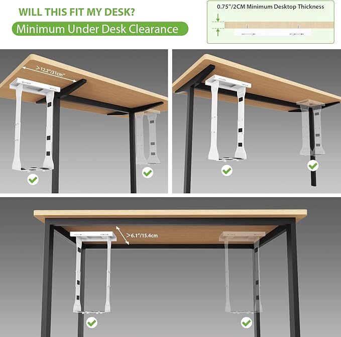 KEEGH Heavy Duty Under Desk PC Mount Adjustable Under Desk Computer Mount Supports Up to 90 lbs PC Mount with Secure Locking for Standing Desk, White