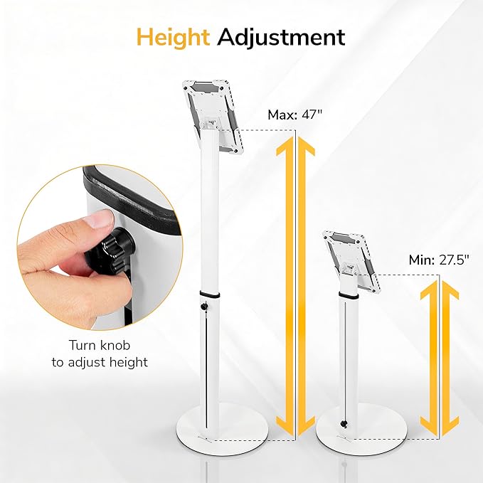 Mount-It! Anti-Theft Universal Tablet Floor Stand Kiosk, Locking Enclosure for iPad, Galaxy Tab & Surface Pro 9.7"–13.1", Height Adjustable 27.5"–47", Commercial Kiosk Stand, White
