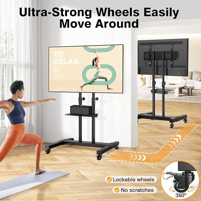 TAVR Furniture Mobile TV Stand Rolling TV Cart Floor Stand with Mount on Lockable Wheels Height Adjustable for 32-83 Inch TV Stand Flat Screen or Curved TVs Monitors Display Trolley Loading 110 lbs
