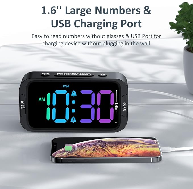 Odokee Digital Dual Alarm Clock for Bedroom: RGB Electric Clock with USB Charger for Kids Teens - Dimmable Clock with Weekday Weekend Mode for Bedside Desk