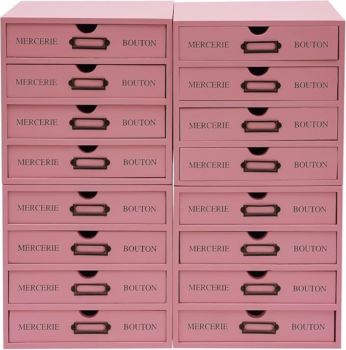 Vintage Drawer Wooden Drawers Organizer, 16-Drawer Desktop Storage Box Pine Wood Desktop Organizer with Label Holders, Desk Drawer Unit Collectors Box for Office, Home (Pink)