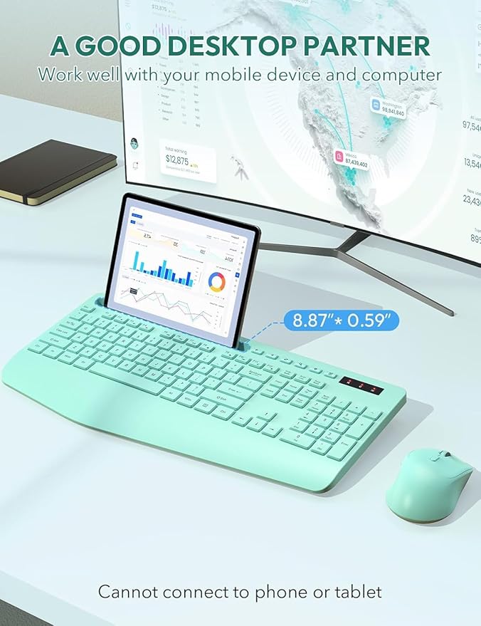 SABLUTE Wireless Keyboard and Mouse, Wrist Rest, Phone Holder, Batteries Included, 2.4G Lag-Free Ergonomic Keyboards Mouse Combo, KM23D Silent Keyboards Set for PC, Laptop, PC, Windows, Mint Green