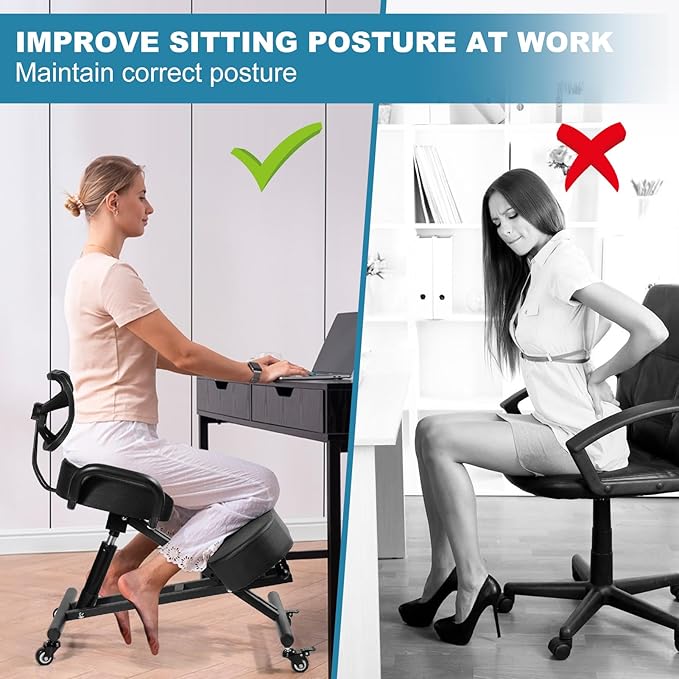Ergonomic Kneeling Chair with Backrest & Lumbar Support, Adjustable Desk Chair with Wheels & Thick Cushion, Improve Sitting Postures & Relieve Lower Back Pressure, Perfect for Study & Work from Home