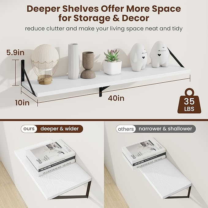 Axeman Deep Floating Shelves | 40 Inch White Wall Shelves Set of 2 | 10 Inch Deep Rustic Wood Shelves for Wall | 40'' W x 10''D White Shelves for Living Room Bathroom Kitchen