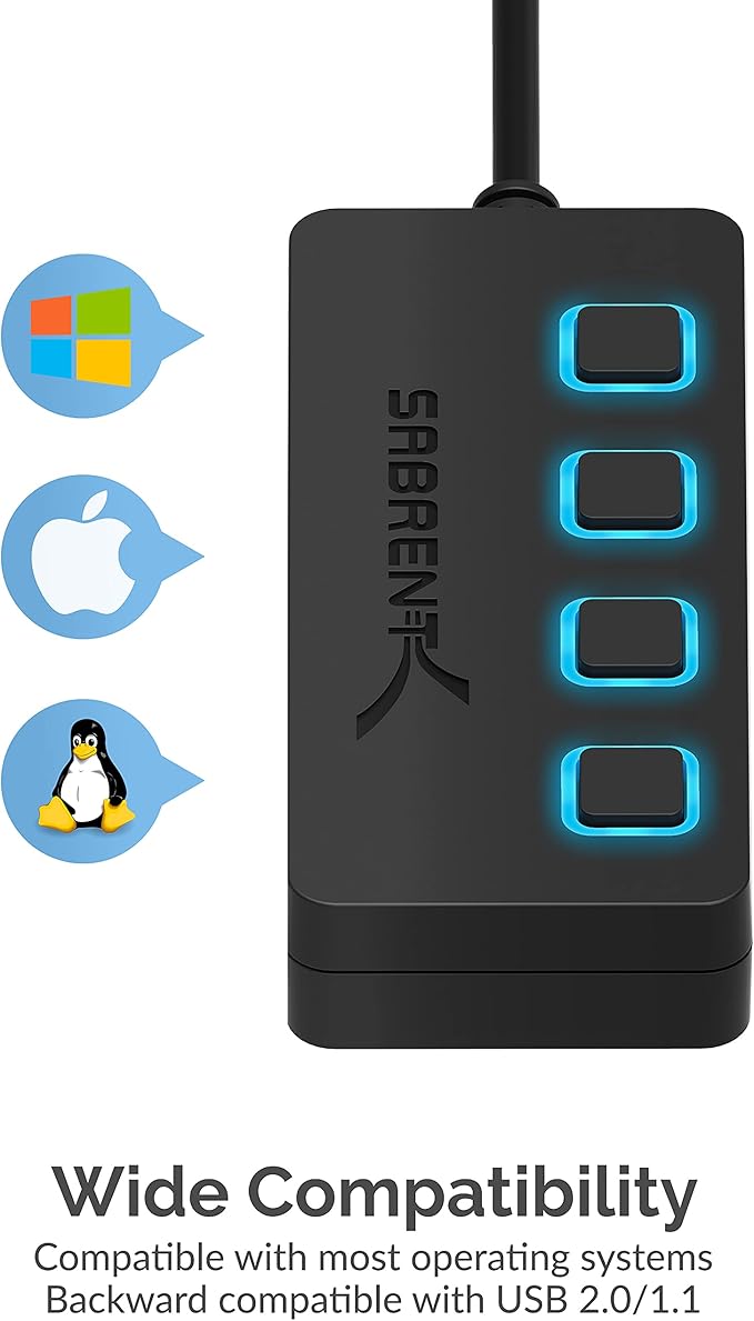 SABRENT 4 Port USB 2.0 Data Hub with Individual LED lit Power Switches [Charging NOT Supported] for Mac & PC (HB-UMLS) (Pack of 2)