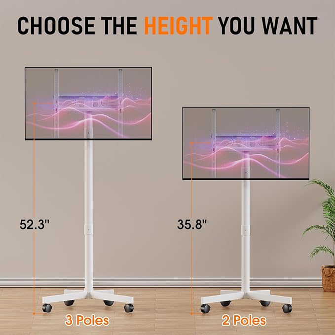 Mobile TV Cart Rolling TV Stand for 23-60 Inch LCD LED OLED Flat Curved Screens up to 88 lbs, Height Adjustable Portable TV Cart with Locking Wheels, Outdoor TV Stand Mount, Max VESA 400x400mm, White