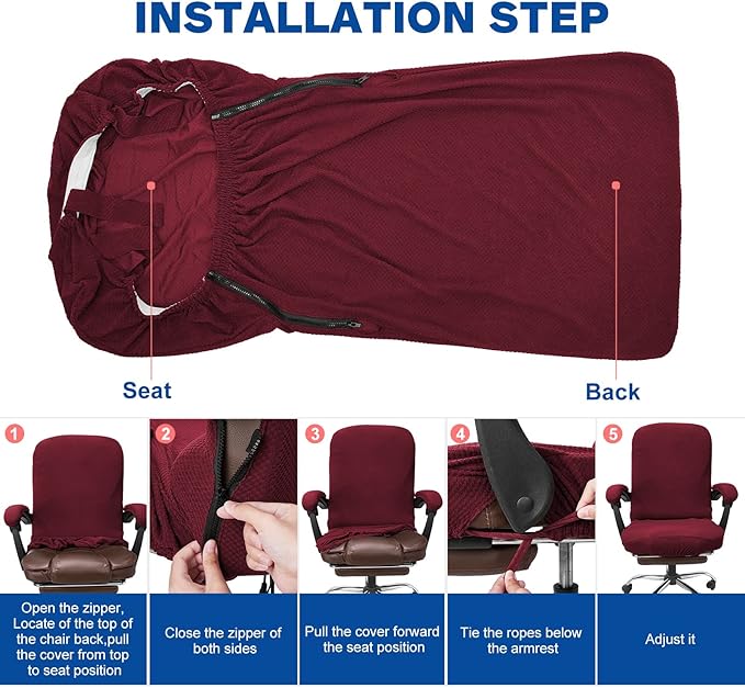 NeColorLife Office Chair Cover,Computer Seat Cover with Armrest Covers, Stretchable Jacquard Desk Chair Slipcover for High-Back Rotating (Large Size,Wine Red)