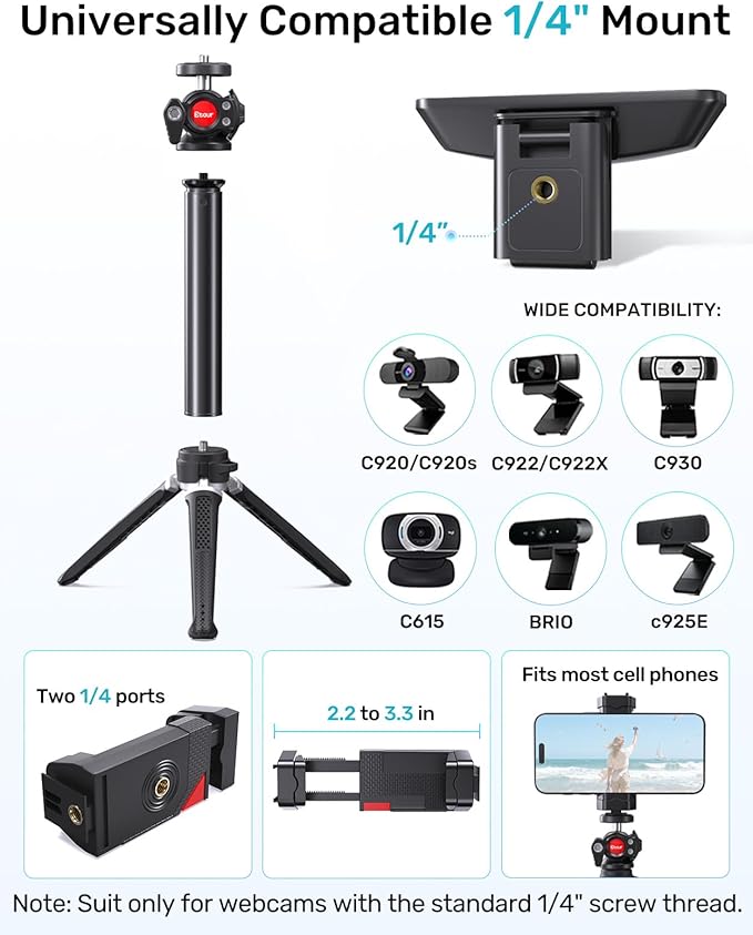 Webcam Tripod Stand, Height Extendable Tripod with 360° Swivel Balhead for Webcam/Camera/Phone, for NexiGo N60 Logitech Webcam C920 C922 C922x C925e C930 C930e C615 Brio 4K with 1/4" Thread