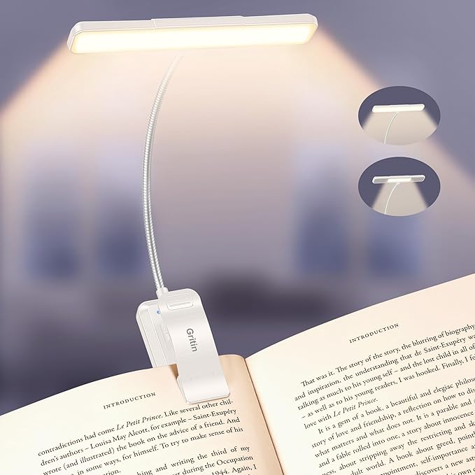 Gritin 2026 Gen 2 Book Light for Reading- 32 Eye Caring Full Spectrum LED, 5 Colors & 5 Brightness, Adjustable Wide/Narrow Beam, Upgrade 1500mAh Long-Lasting Clip on Light for Book Lovers-White