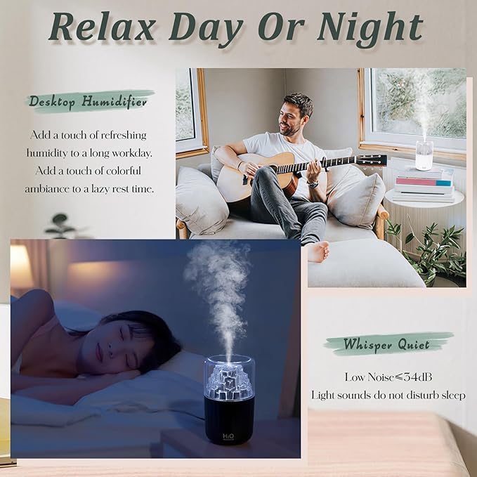 Portable Mist Humidifier with Colorful Light Auto-Off USB Desktop Personal Humidifiers 2 Cool Spray Modes 300ml for Bedroom Office Car Travel White