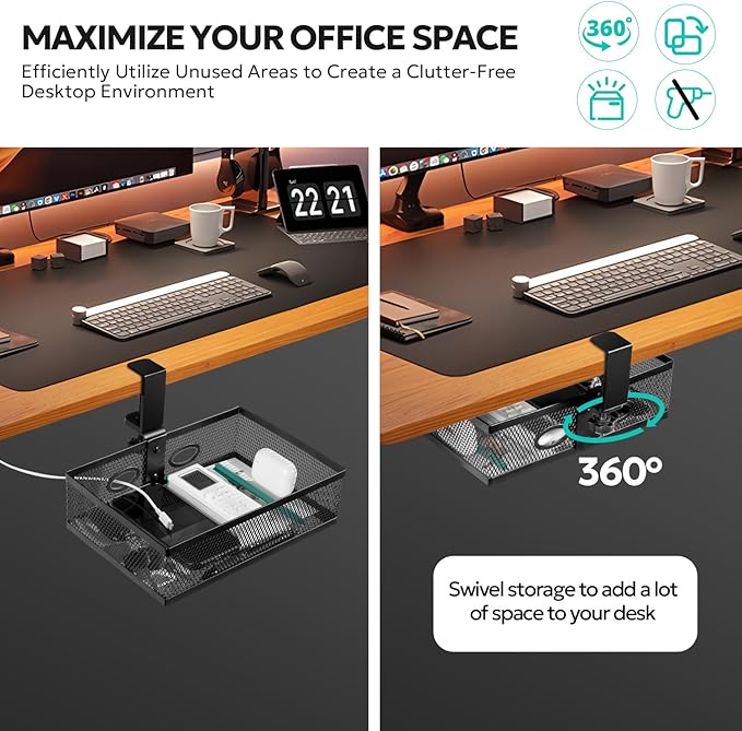 Under Desk Drawer Organizer Clamp On - 360° Swivel Metal Mesh Storage Basket, Hidden Rotating Desktop Tray for Standing Desk, Office Supplies & Gaming (No Drill, Black)