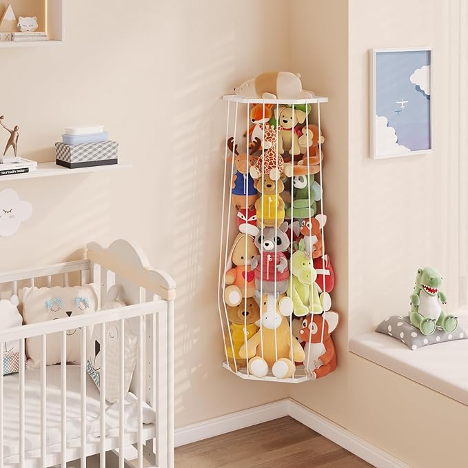BBLlKE Stuffed Animal Storage Zoo - Corner Plush Toy Organizer Length Adjustable, Wall Hanging Stuffed Animal Net Holder for Nursery Playroom Bedroom Kids Room, White