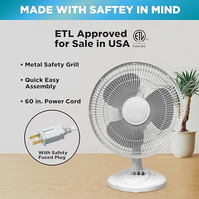 EZ-CHILL 16” Oscillating Table Fan with Adjustable Tilt, Convenient Push Button Controls, Quiet, 3 Speed, Desk Fan, Airflow 15.75 ft/sec, Ideal for Home, Bedroom, Dorm & Office, MTFD-16