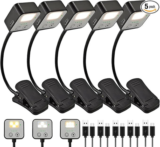5 Pack Rechargeable Book Lights for Reading at Night in Bed Rechargeable LED Book Light with Memory Function Lightweight Booklight Bulk Clip on Small Travel Reading Lamps for Book Lovers USB Charging