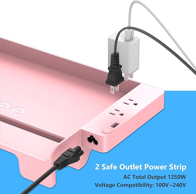 Hiree Bedside Shelf for Dorm Bunk Bed with USB Charging Port and 2 AC Outlets, Bed Side Table Tray Organizer, College Dorm Essential Clip On Bedside Tray, Loft Nightstand Decor, Plus Size, Pink