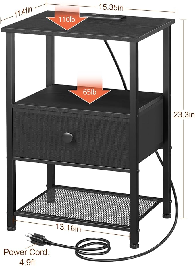 LOAKEKEL Night Stand Set 2, LED Nightstand with Charging Station, End Tables Living Room with Fabric Drawer, Small Bed Side Tables for Bedroom, Small Space, Black, HETS01BK