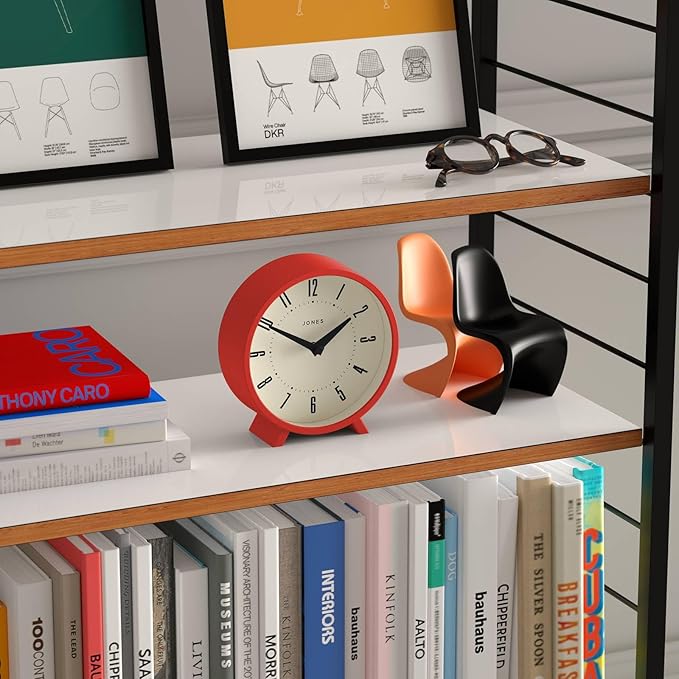 JONES CLOCKS® Venus Desk Clock | Modern Round Design | Red | Stylish Retro Look for Shelf, Table, Mantel or Bedside