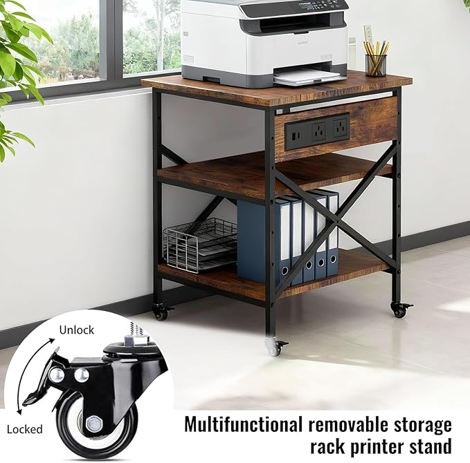 Large Printer Stand with Power Outlet 3 Tier Adjustable Shelves Mobile Cart with Industrial Casters 23.6 x 23.6 x 30 Inches for Home Office Rustic Brown