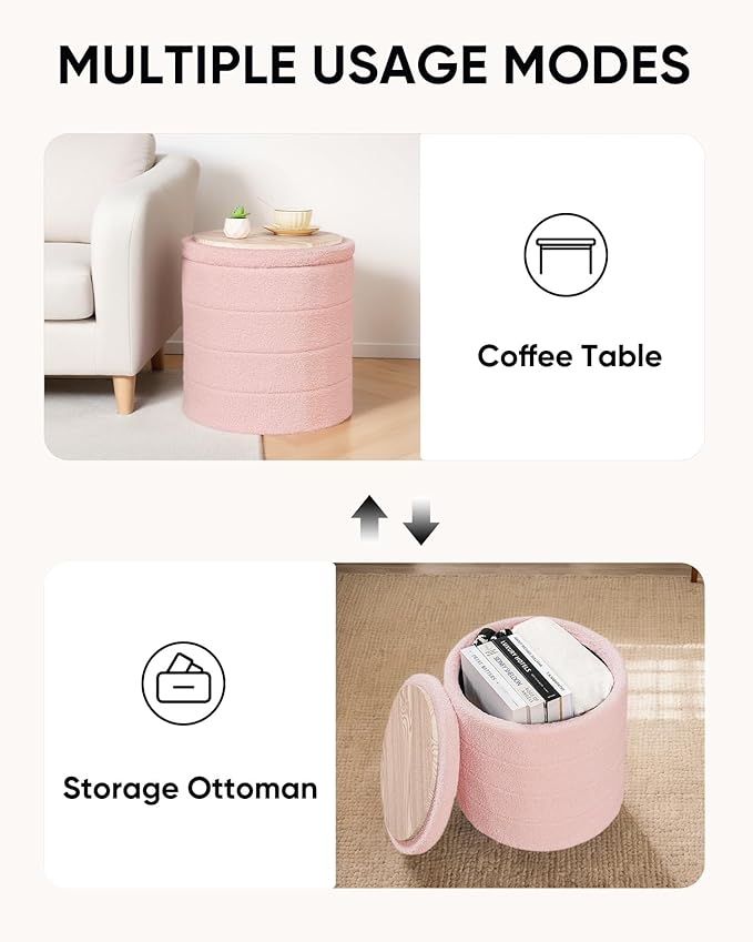 18" Tall Round Boucle Storage Ottoman, Sherpa Teddy Fabric Ottoman Footstool with Wooden Tray Reversible Lid, Folding Footrest with Storage for Living Room, Bedroom, Dorm, Pink