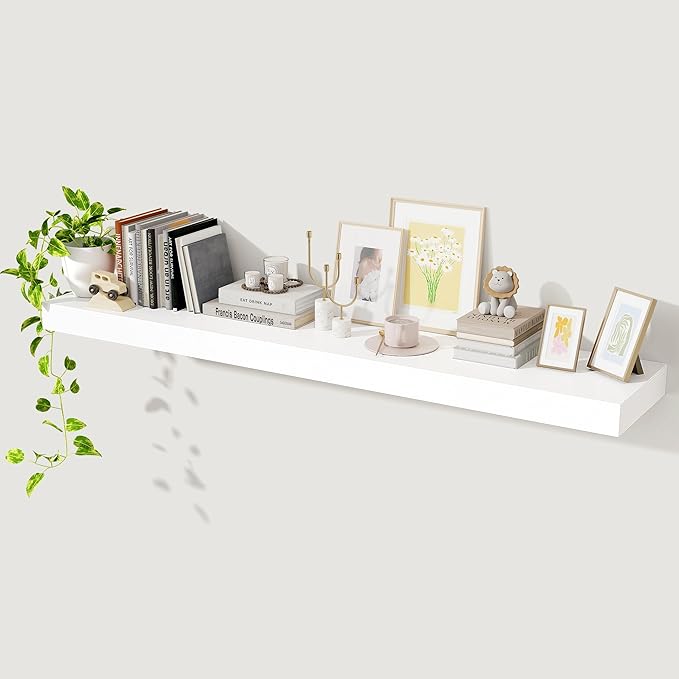 Axeman 55Inch Floating Shelves for Wall, Rustic Wood Shelves for Bedroom, Bathroom, Kitchen, Hanging Wall Mounted Shelf with Invisible Brackets for Books Decor, Set of 1, White