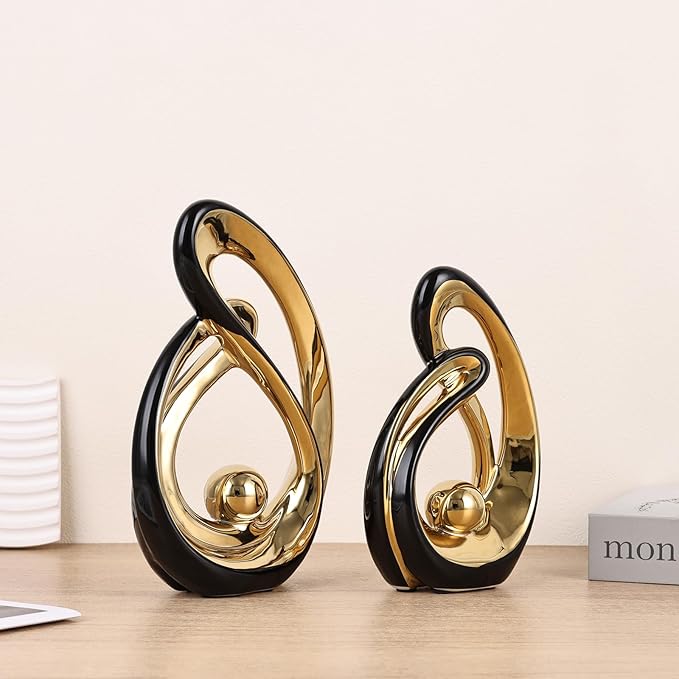 Abstract Ceramic Statue Set of 2, Black and Gold Home Decor, Modern Art Living Room Decor, Room Accessories tv cabinets Bookshelves dividers Dining Table centerpieces, Foyer Entry Decor.