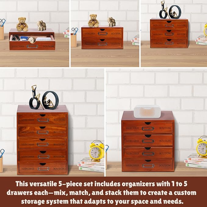 15-Drawer Wooden Desk Organizer Storage Box with Label Holders Vintage Wood Desktop Organizer, Desk Drawer Unit Collectors Box for Living Rooms, Bedrooms, Offices (Brown, 5PCS 15 Drawers)
