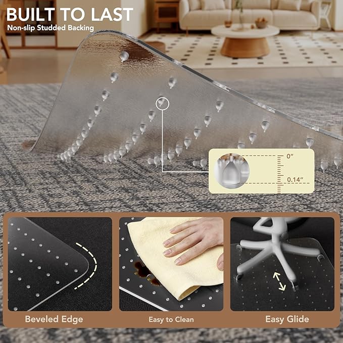 Office Chair Mat for Low Pile Carpet with Lip, 45" x 53" Clear Plastic Floor Protector, Heavy Duty Desk Chair Mat for Rolling Chairs, Smooth Glide Computer Mat for Home Office