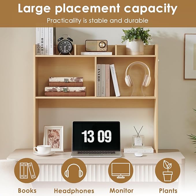 Nromant Desktop Bookshelf, Wooden Desk Storage Hutch with 5 Shelves, 3-Tier Desktop Display Organizer Rack for Office Home (Natural, 5 Shelves B)