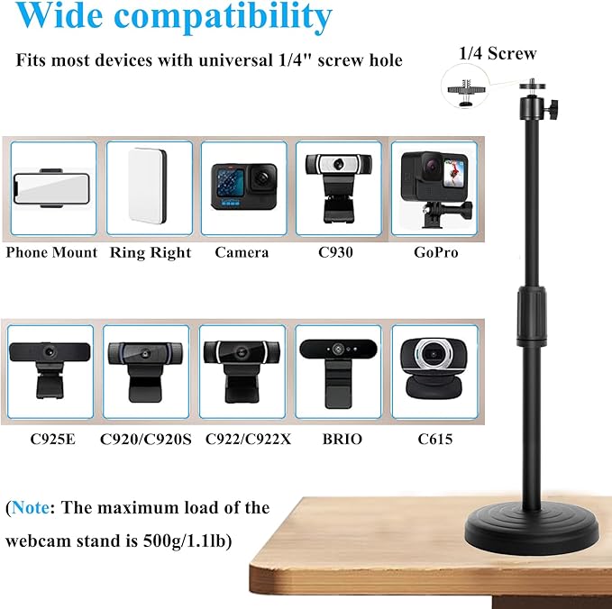 Webcam Stand with Phone Holder, Adjustable Height Desk Camera Mount for Logitech C920 C922 C925e C930e, 1/4" Threaded Desktop Tripod Stand for Live Streaming, Video Conferencing, Online Classes