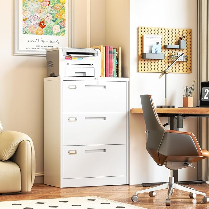 Metal Lateral 3 Drawer File Cabinet, Wide Filing Cabinet with Lock for Home Office Organization Hanging Files Letter/Legal/F4/A4 Size (White, Assembly Required)