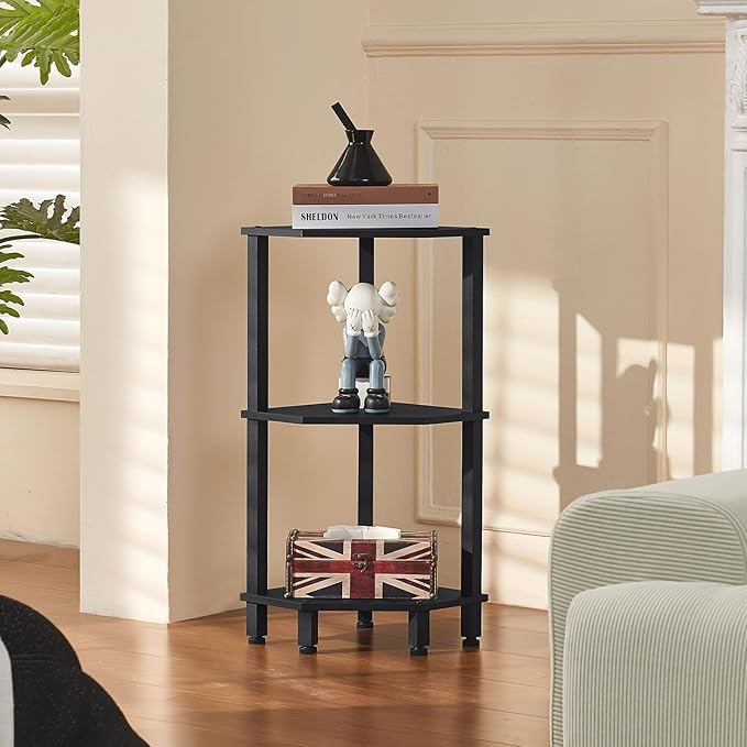 YUFAM 3-Tier Corner Shelf with Sturdy 5-Leg Base, 28in Tall Narrow Bookcase for Small Spaces, Wooden Plant Display Shelf, Thin Bookshelf for Living Room, Bedroom, Office, Black