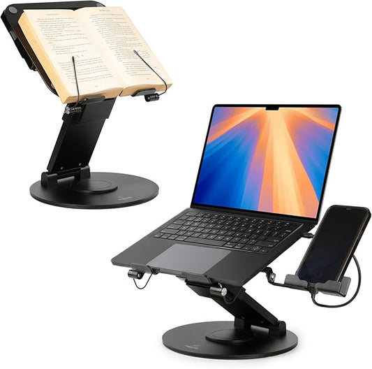 3-in-1 Adjustable Laptop Stand, Book Stand, and Phone Holder - 360° Rotating Display for All Laptops - 2–21" Height for Ergonomics - Office Desk Accessories - Stylish - Patented - Sky Black