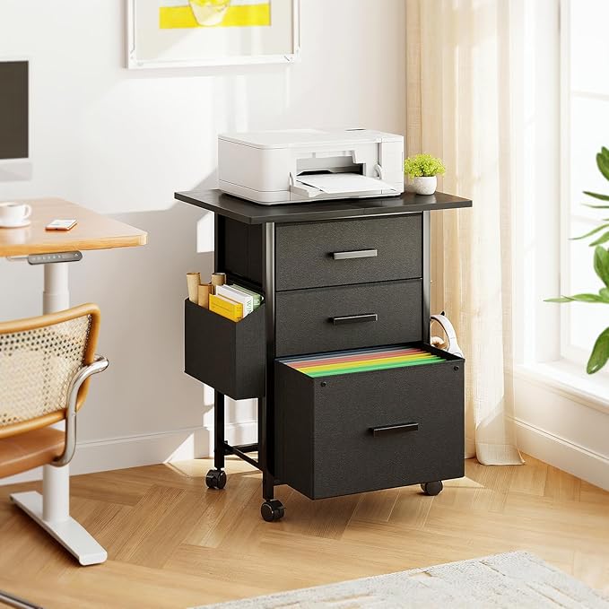 Mexin 3 Drawer File Cabinet with 24'' Extended Desktop, Mobile Filing Cabinet, Printer Stand, Rolling Printer Stand with Side Bag, Fabric Drawer, Fits A4 Size, Home Office, Black