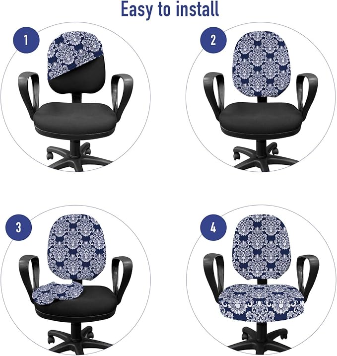 Ambesonne Damask Office Chair Slipcover, Abstract Floral Vintage Antique Victorian Design Renaissance Flourish Print, Decorative Stretch and Washable Fabric Cover, Standard Size, Dark Blue White