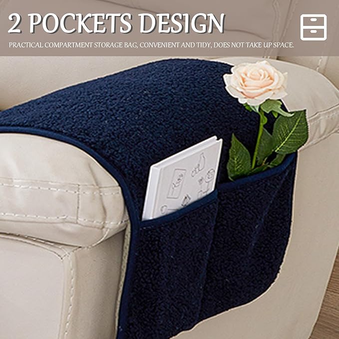 Armrest Cover, Recliner Chair Protector, Furniture Protector Slip, Side Storage Pocket, Stretch Armchair Couch Arm Rest Cover for Recliner, Chair, Sofa (Navy Blue,1 Seater(3pcs))