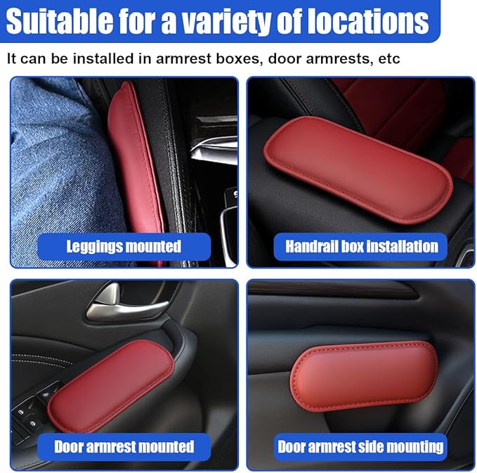 2PCS Car Door Armrest Pads, Soft Leather Memory Foam Car Arm Rest Cushion Pad for Elbow Leg and Knee Support, Universal Comfortable Auto Center Console Pillow for Most Vehicles (Red)