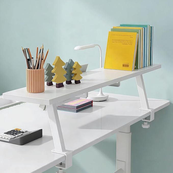 Clamp on Desk Shelf, Desktop Extender Klemmbares Schreibtisch Organizer Regal Adjustable Floating Desks Shelf for Office, Dorm, Home Desk Organization (White-with Reading Stand, 23.6x7.8in/60x20cm)