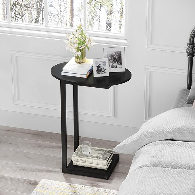 Hosfais Small Side Table End Table, C-Shaped Wood Coffee Table TV Tray for Eating Couch Tables for Small Space, Living Room, Bedroom, Couch (Black 2 Pack)