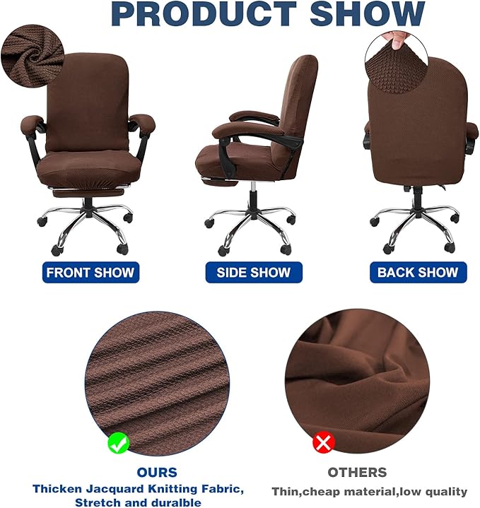 NeColorLife Stretchable Office Chair Cover with Armrest Covers – High-Back Desk Chair Slipcover, Checked Jacquard Fabric, Washable (Large Size, Coffee)