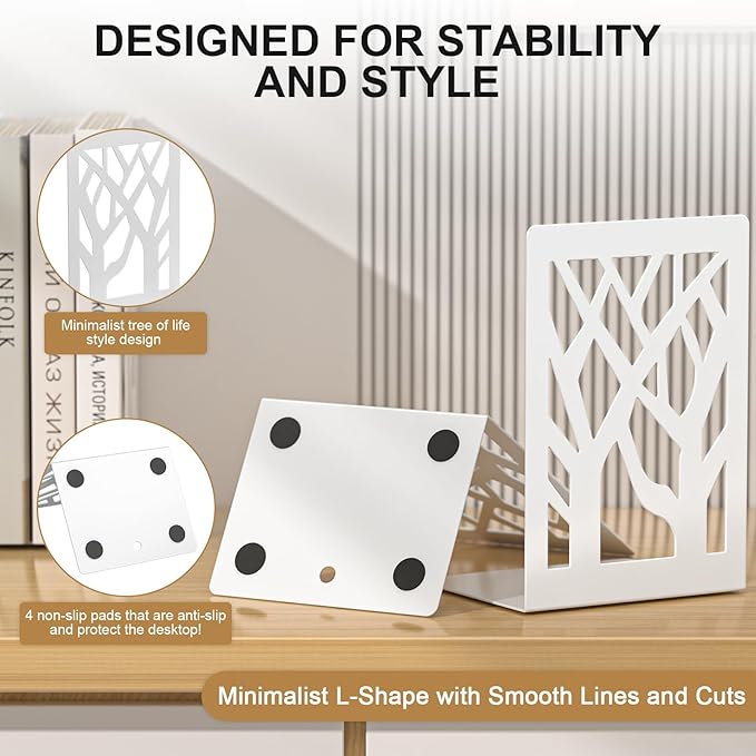 White Bookends 8 Pack, Tree Design Modern Metal Bookends for Shelves, Unique Tree Book Ends Decorative Book Organizer for Desk, Decorative Shelve Book Stopper for Home Office