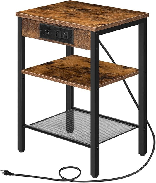 HOOBRO Side Table with Charging Station and USB Port, Small End Table for Small Space, 3-Tier Nightstand with Adjustable Shelf, for Living Room, Bedroom, Rustic Brown BF112BZ01