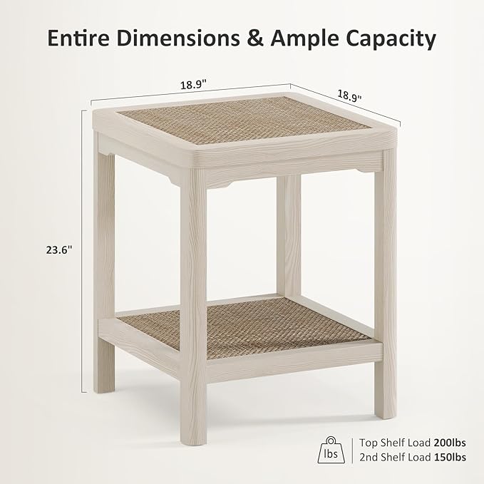 Eclatara Rattan End Table, Farmhouse Square Nightstand for Bedroom, Accent Side Table wtih Protective Round Edge and Ultra-Thick Stable Legs, Creamy White