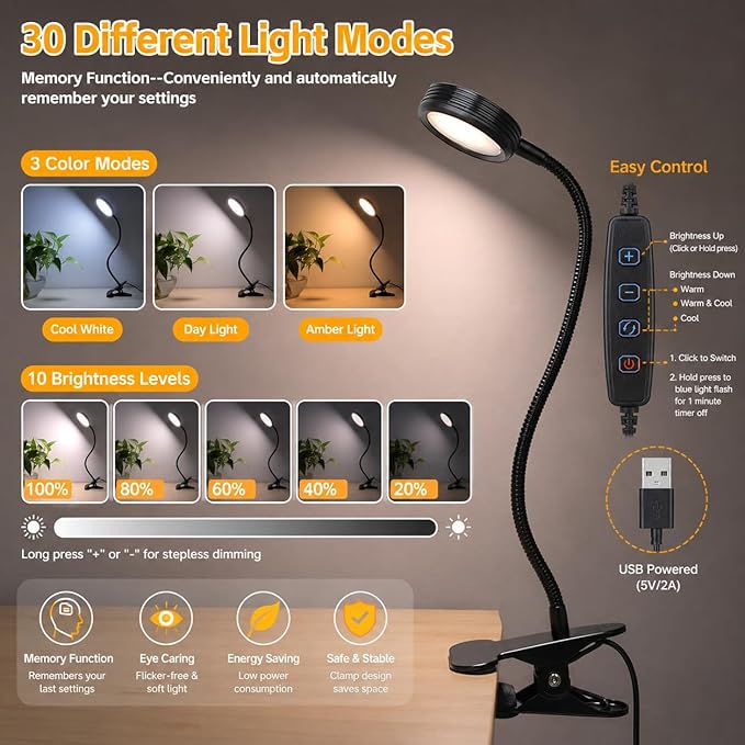 USB Clip-On Desk Lamp with 3 Color Modes, Adjustable Brightness, Gooseneck, 1 Minute Timer, Book Light for Reading Book in Bed at Night Clip on Table, headboard, Dorm, (Warm+Cool White, 8W)