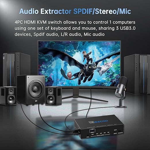 USB 3.0 KVM Switch HDMI 4 Computer 1 Monitor 4K 60Hz SPDIF L/R Extractor- USB Switch for Keyboard Mouse Printer Mac Windows 4 Port HDMI Switch 4x1 1080p 120Hz 144Hz HDCP Pass, IR Remote Ext. Mic