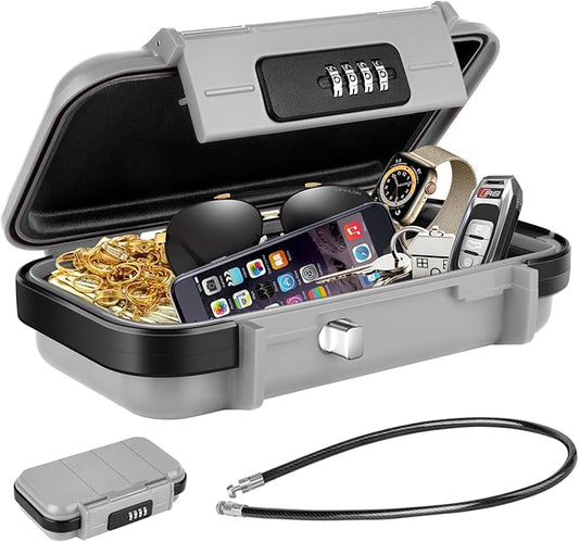 HUANLANG Portable Safe Lock Box with Combination Lock Mini Beach Travel Safe Waterproof Small Lockable Box with Removable Wire Rope Combination Safe Box for Dorm,Travel,Beach,Hotel,Car,Home,Office