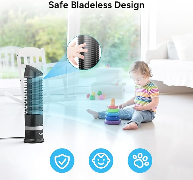 DR.PREPARE 16" Small Tower Fan, 3 Speeds with 60° Oscillating Fan, Bladeless Tabletop Fans for Indoors, Portable Personal Table Fans for Office, Desktop